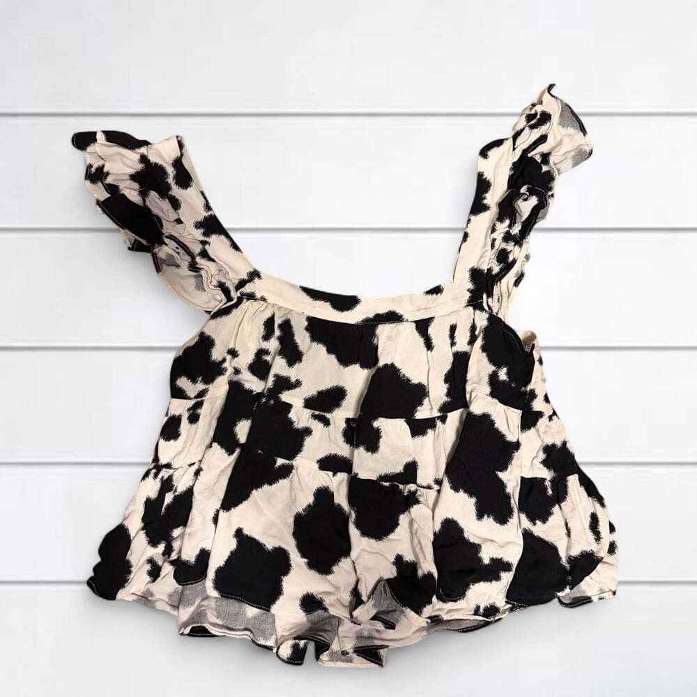 Mi Ami Black and White Cow Print Ruffle Strap Tiered Babydoll Top Size Small